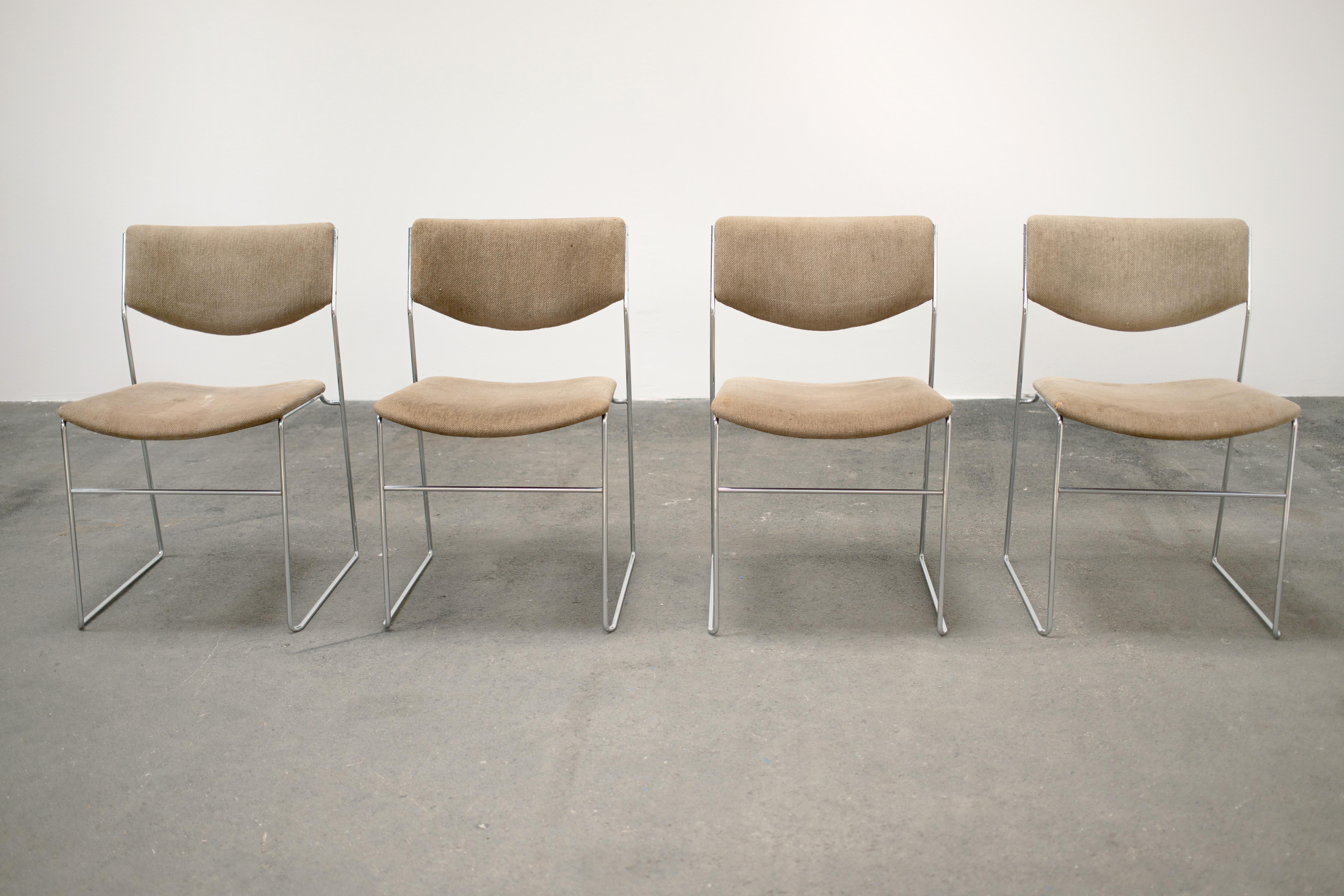Set of 4 Mid-Century Modern dining Chairs designed by Kazuhide Takahama in the late 1960's for Gavina. The Chairs are stackable and are made with a welded steel bar frame that is chrome plated. Extremely elegant and classy design.

This set is in