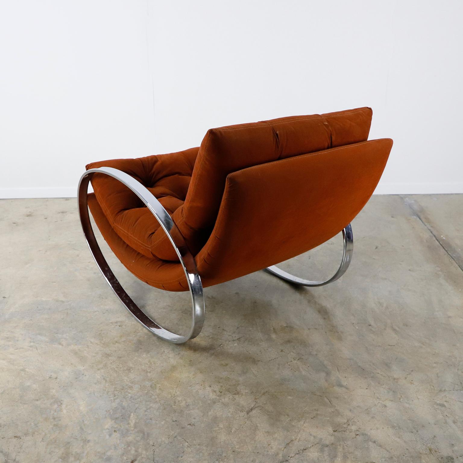 ''Ellipse'' rocking chair attributed to Renato Zevi , Italy 1970''s. Chrome-plated solid steel frame. The chrome frame has a nice mirrored finish.
