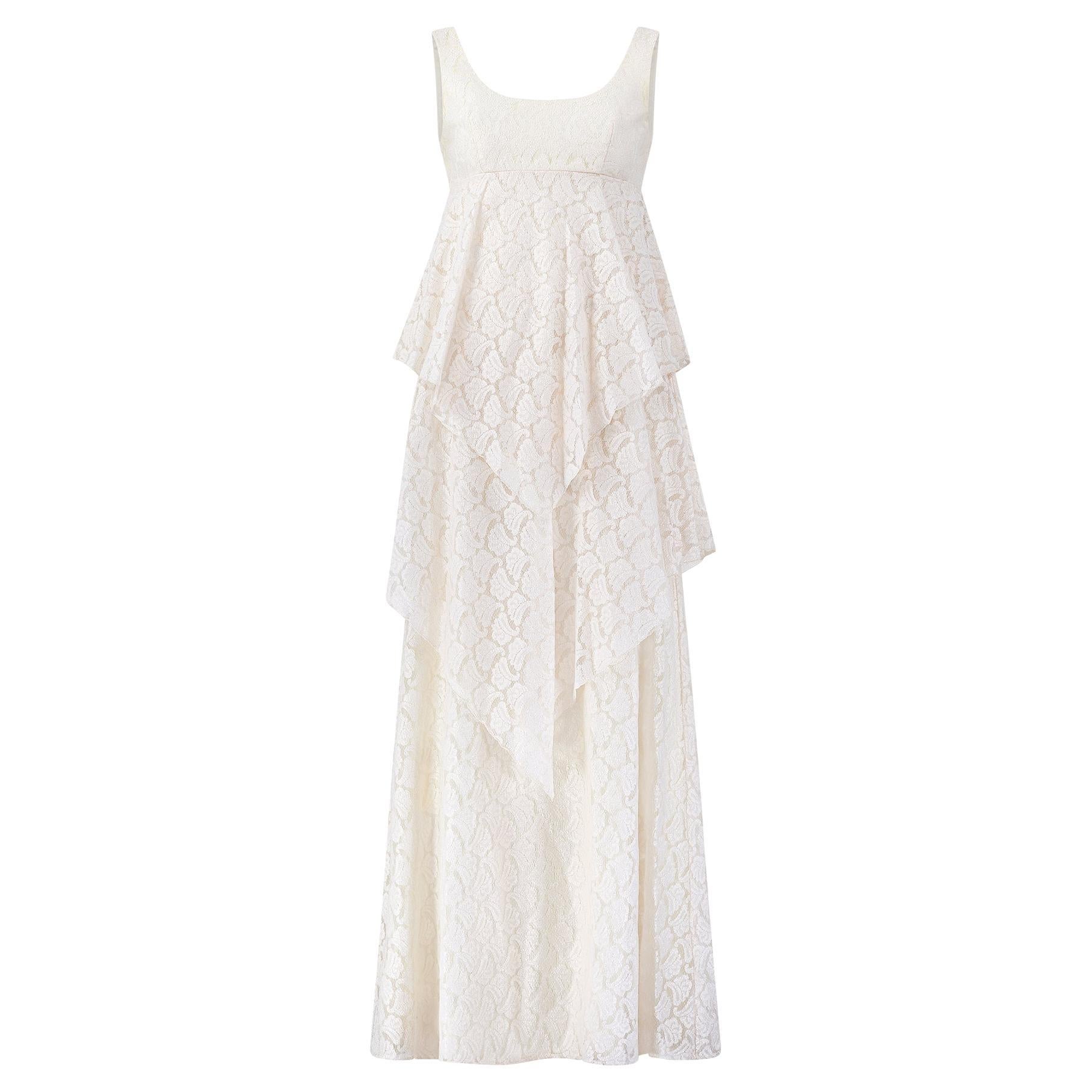 Women's 1970s Ellis Tassel Detail Tiered Cream Lace Wedding Dress