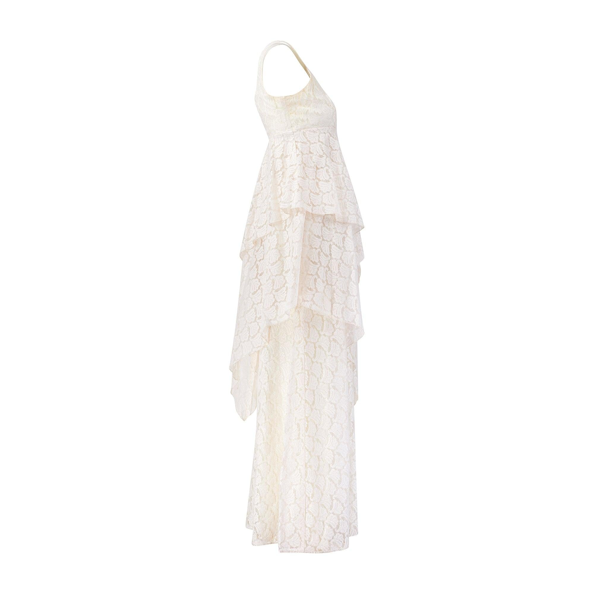 1970s Ellis Tassel Detail Tiered Cream Lace Wedding Dress 1