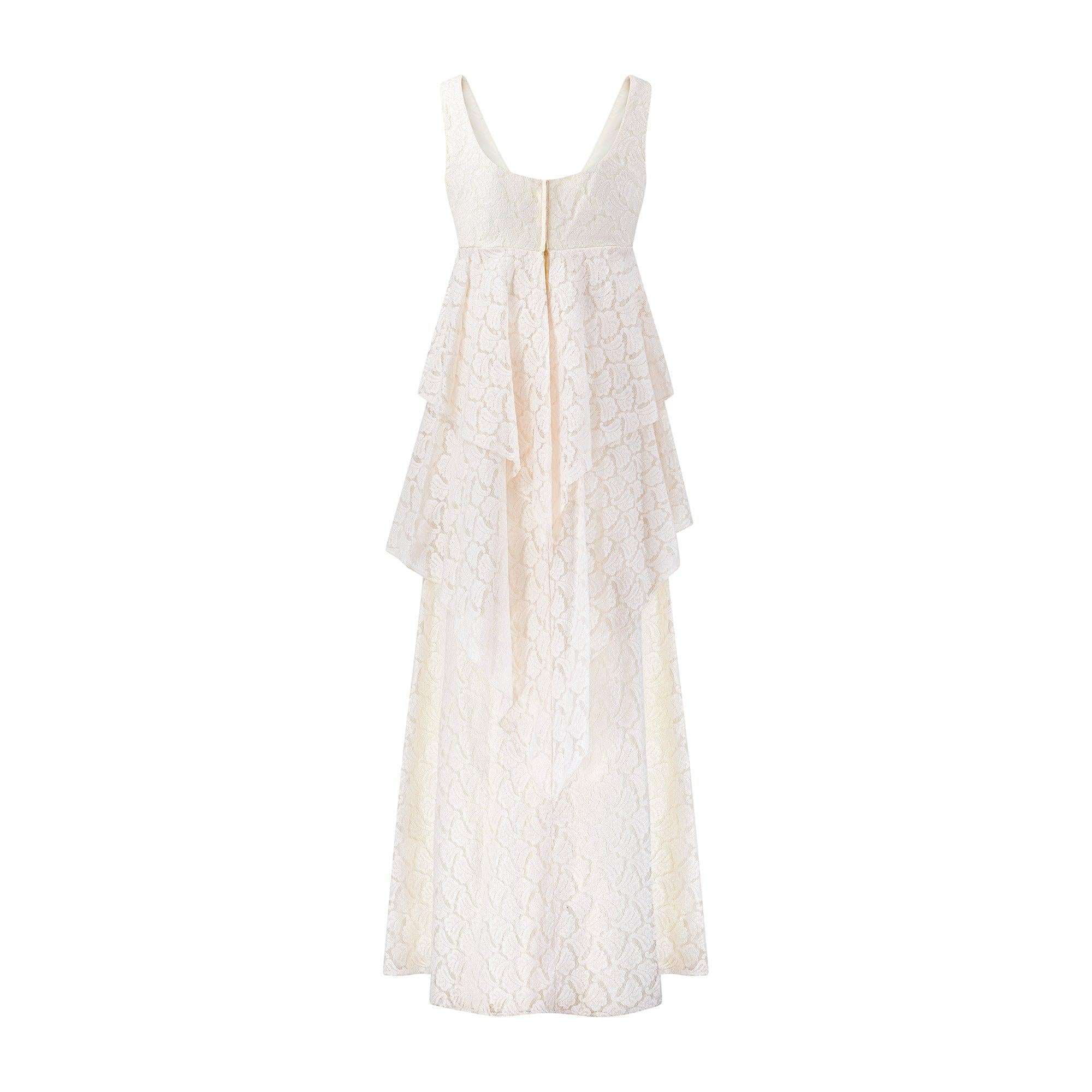 1970s Ellis Tassel Detail Tiered Cream Lace Wedding Dress 2
