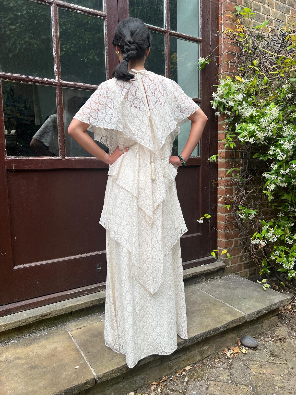 1970s Ellis Tassel Detail Tiered Cream Lace Wedding Dress 5