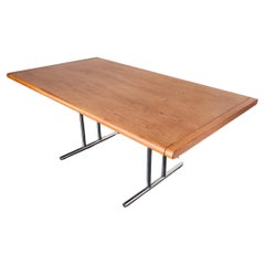 1970s Elm Wood Dining Table with Chrome Base and Two Expansion Leaves