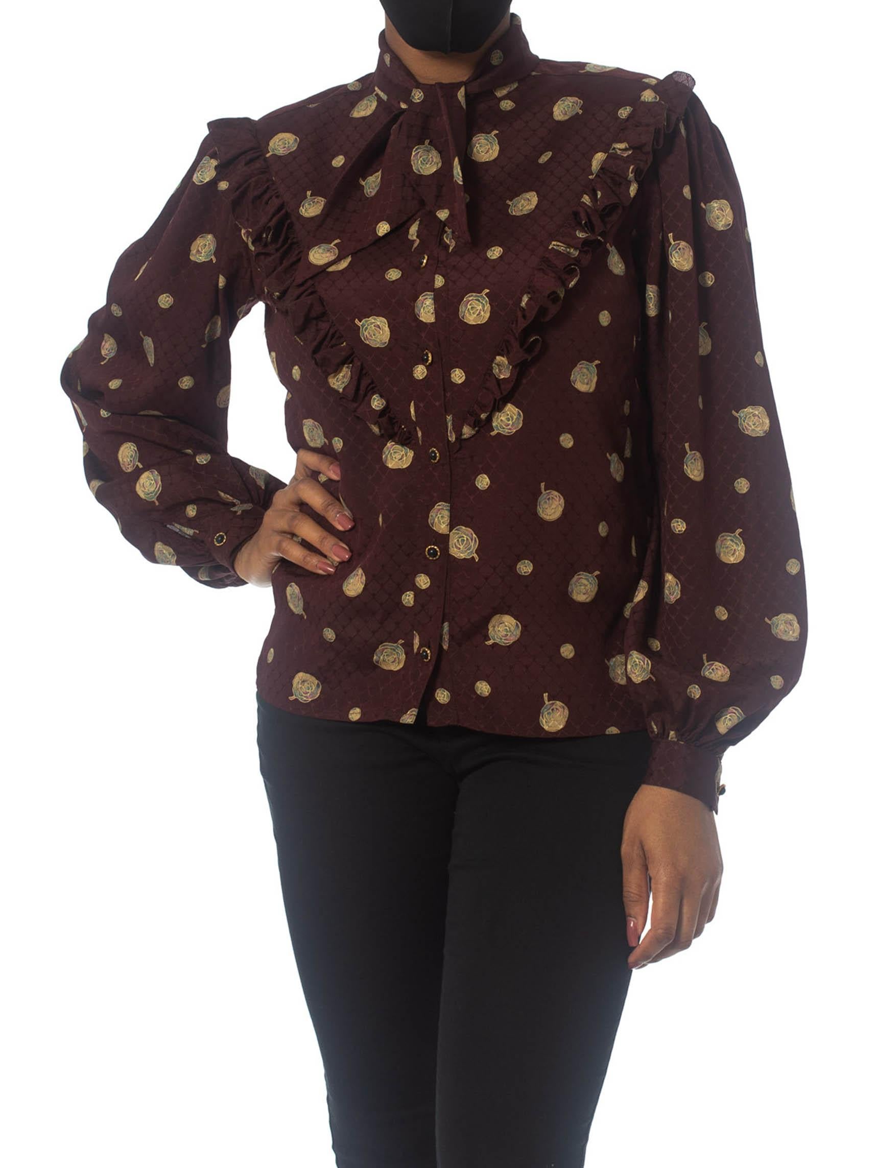 1970S EMANUEL UNGARO Burgundy Printed Silk Jaquard Ruffle Yoke Bow Neck Blouse 5