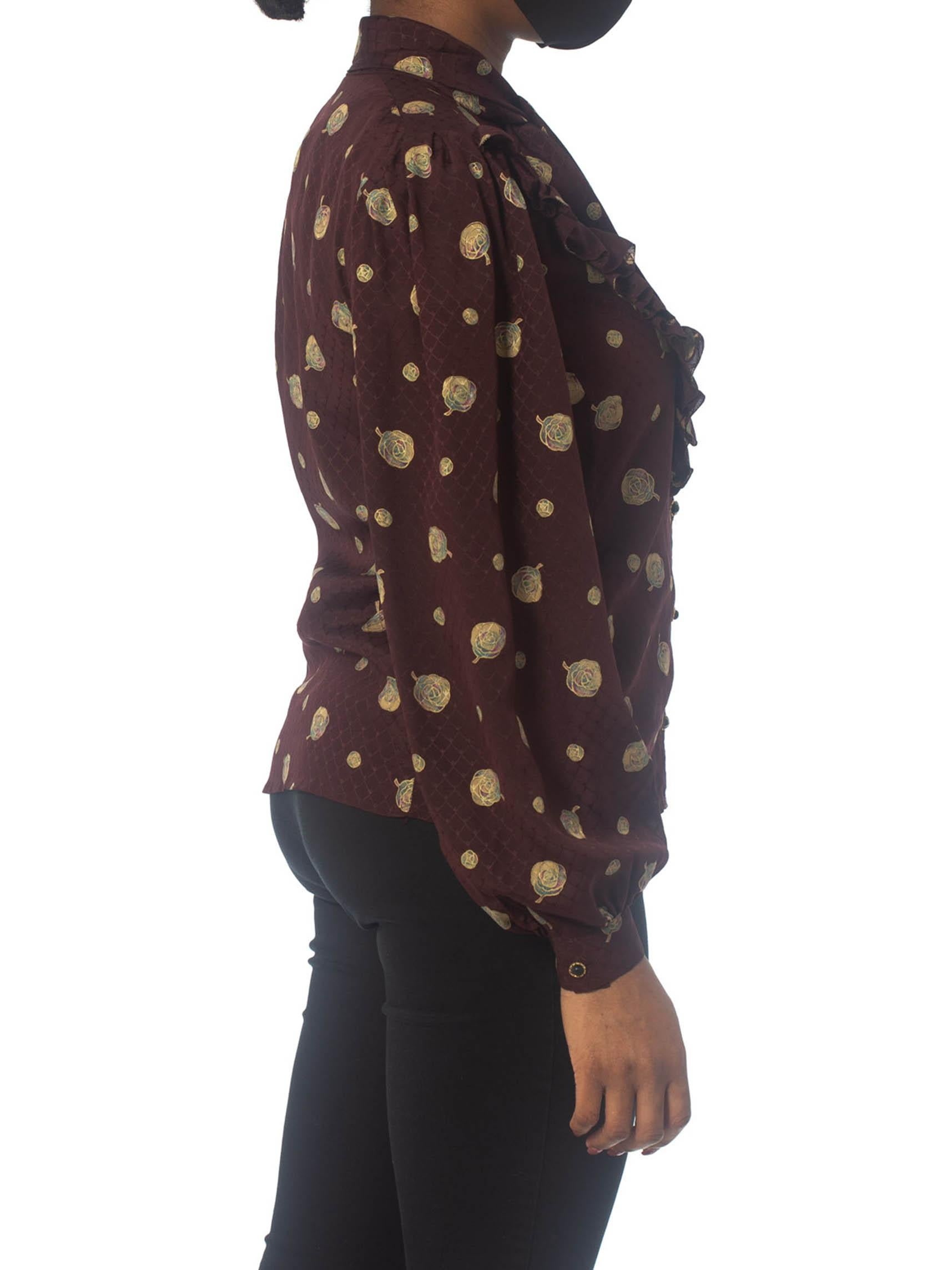 1970S EMANUEL UNGARO Burgundy Printed Silk Jaquard Ruffle Yoke Bow Neck Blouse In Excellent Condition In New York, NY