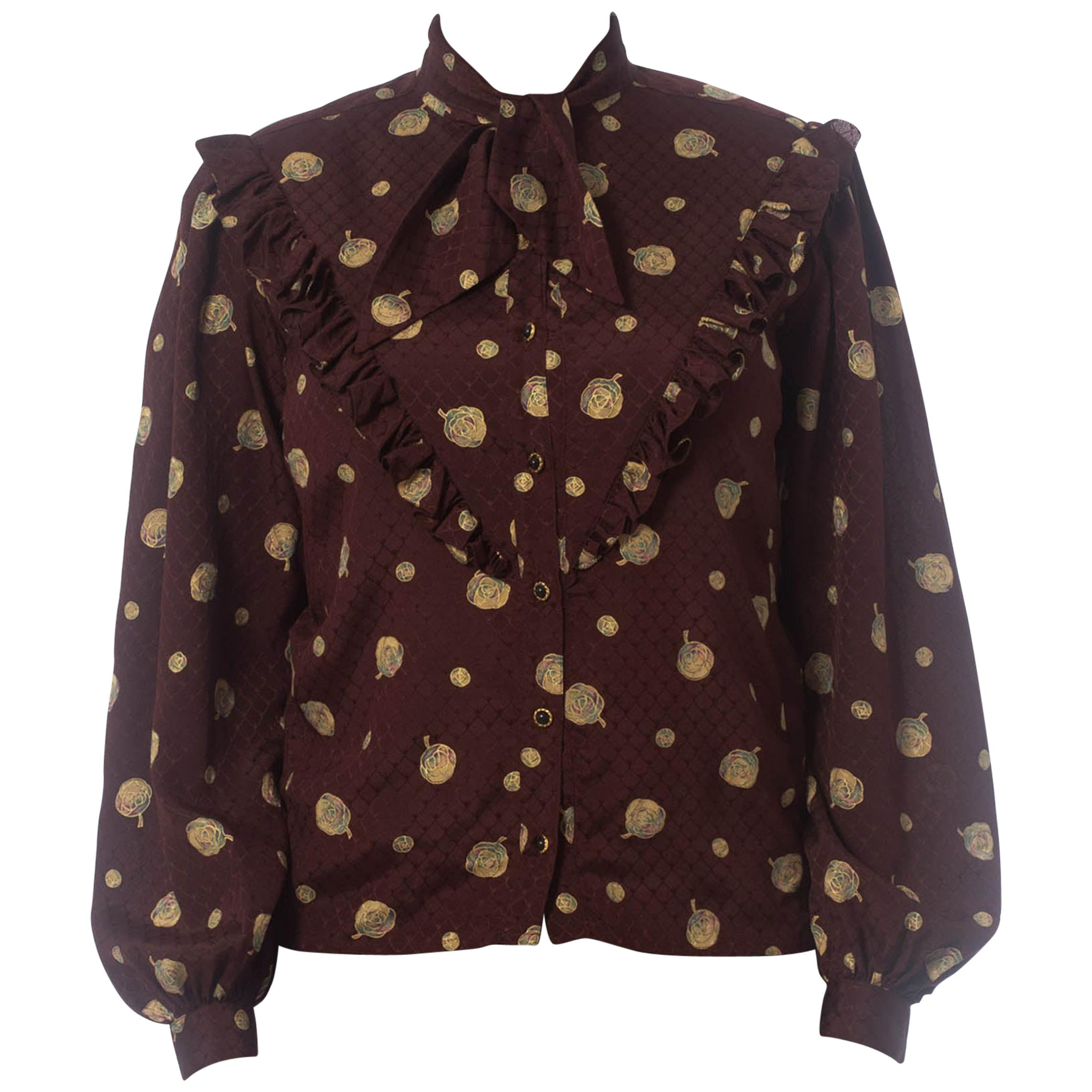 1970S EMANUEL UNGARO Burgundy Printed Silk Jaquard Ruffle Yoke Bow Neck Blouse