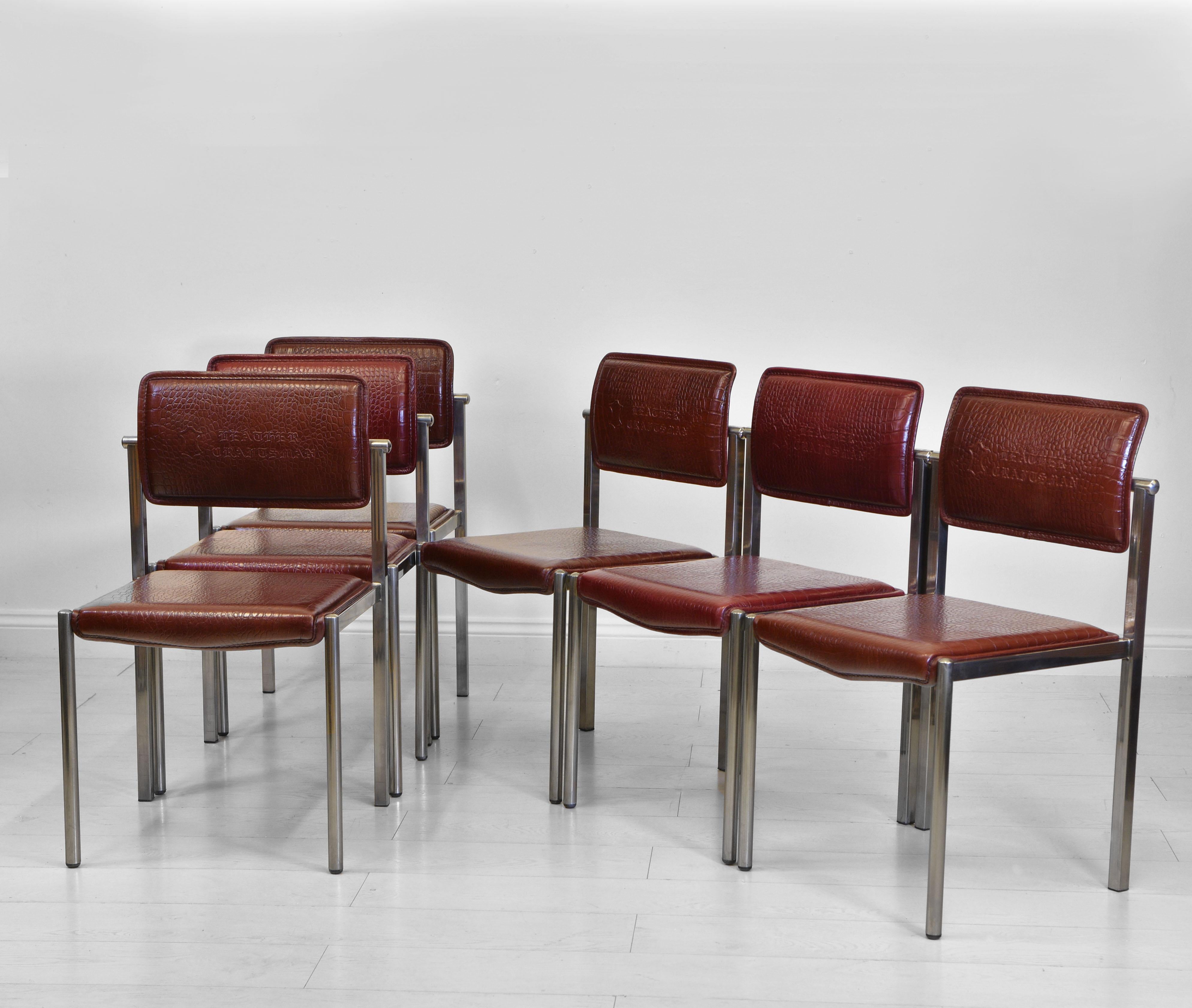 Vintage set of six embossed faux crocodile pattern leather & chrome plated steel dining chairs. Circa 1970.

The chairs are of very good quality, and have a good weight to them. Each chair is embossed stamped 