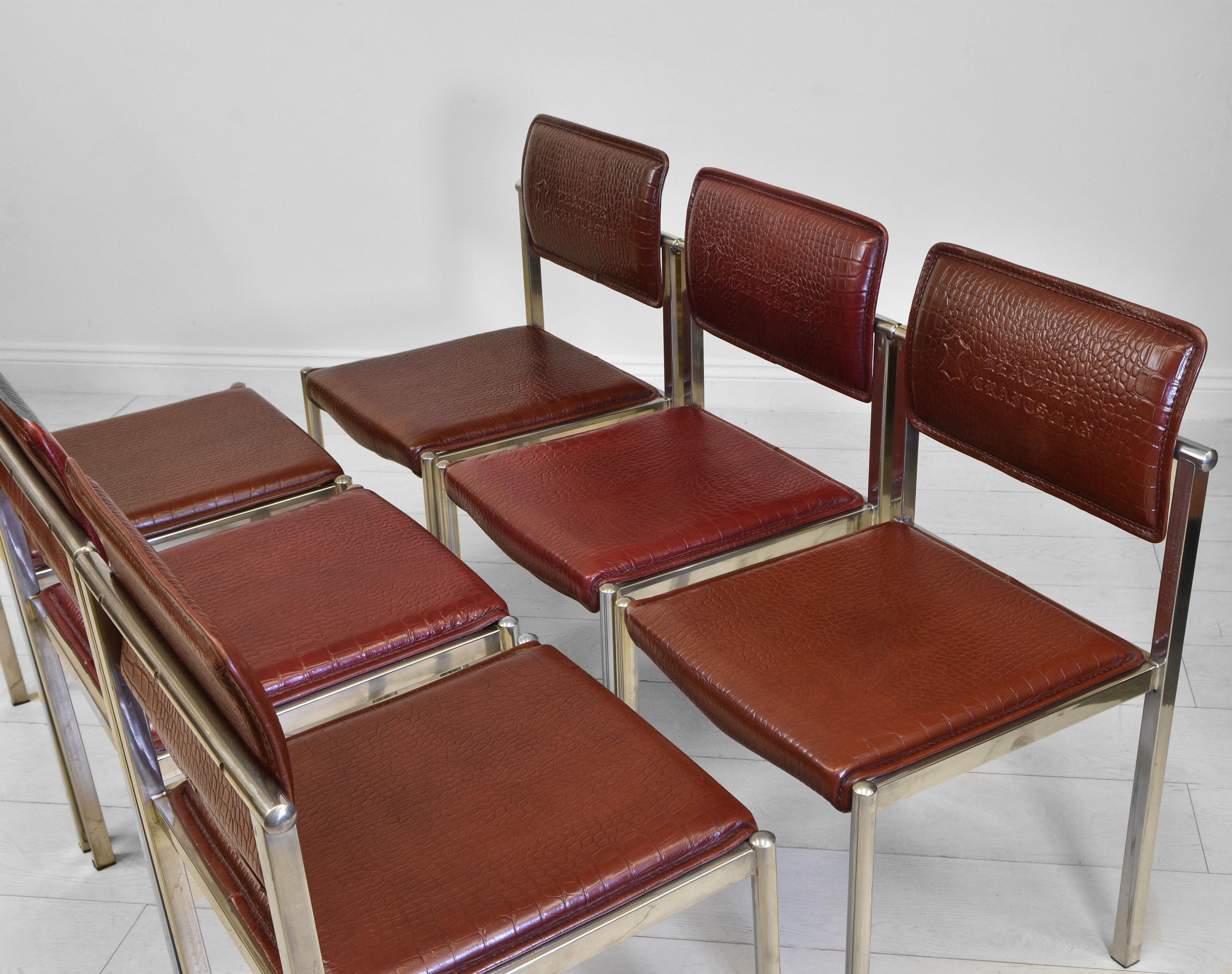 Mid-Century Modern 1970's Embossed Crocodile Pattern Leather & Chrome Plated Steel Dining Chairs