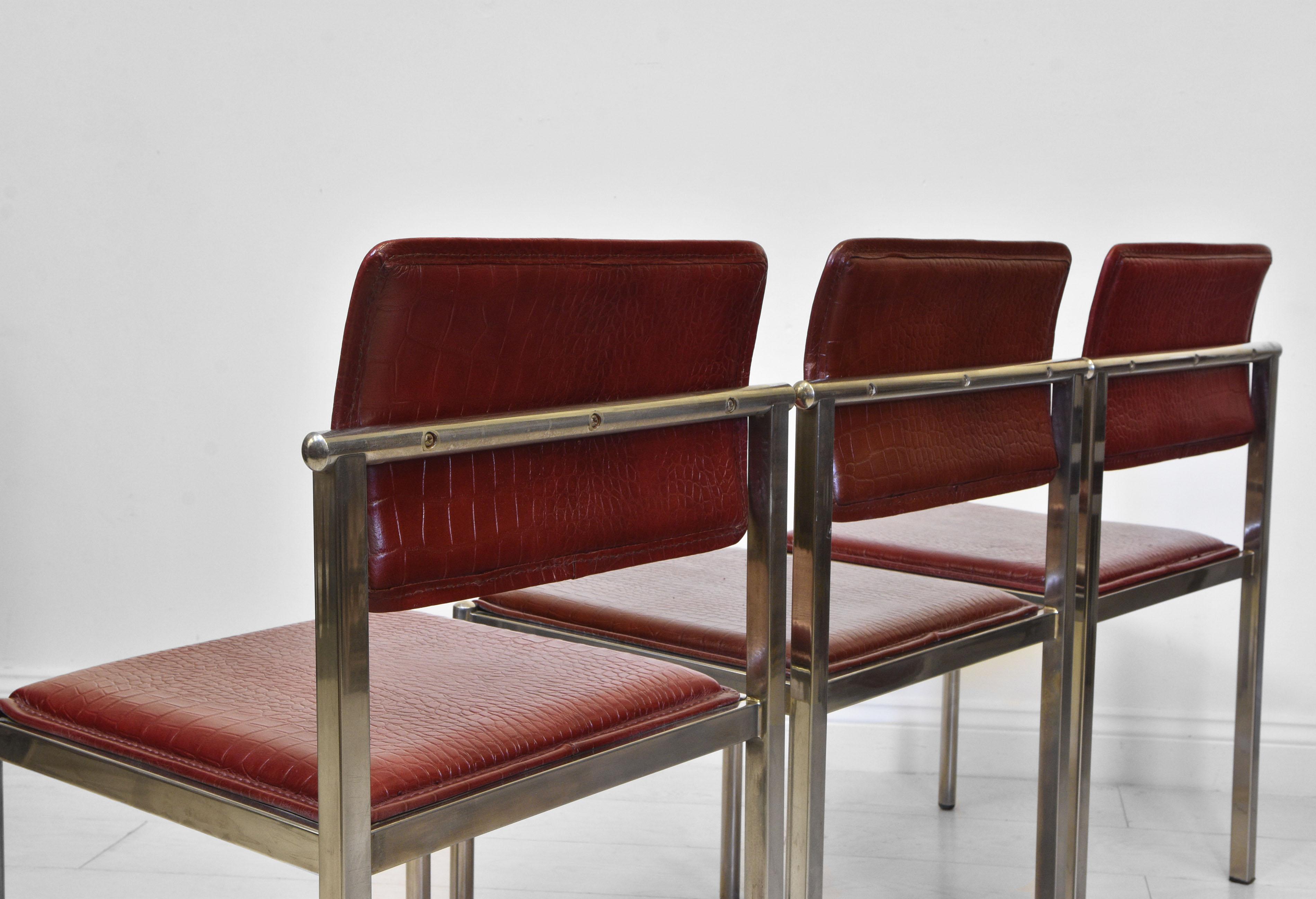 English 1970's Embossed Crocodile Pattern Leather & Chrome Plated Steel Dining Chairs