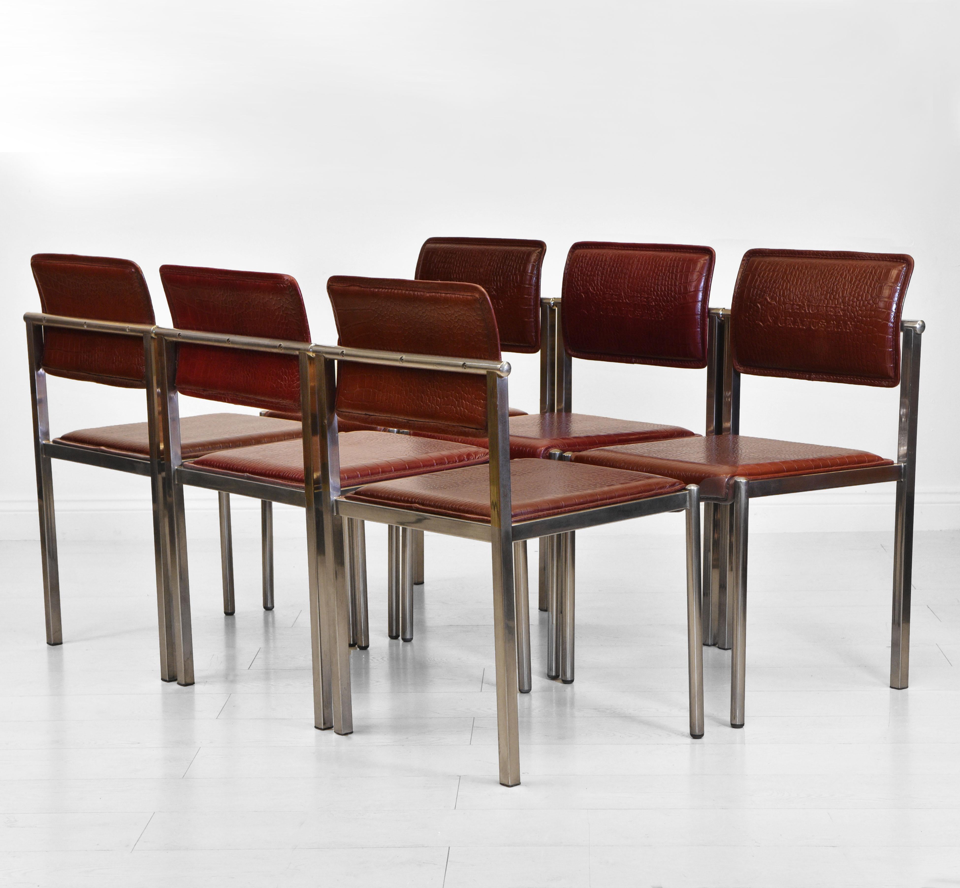 Late 20th Century 1970's Embossed Crocodile Pattern Leather & Chrome Plated Steel Dining Chairs