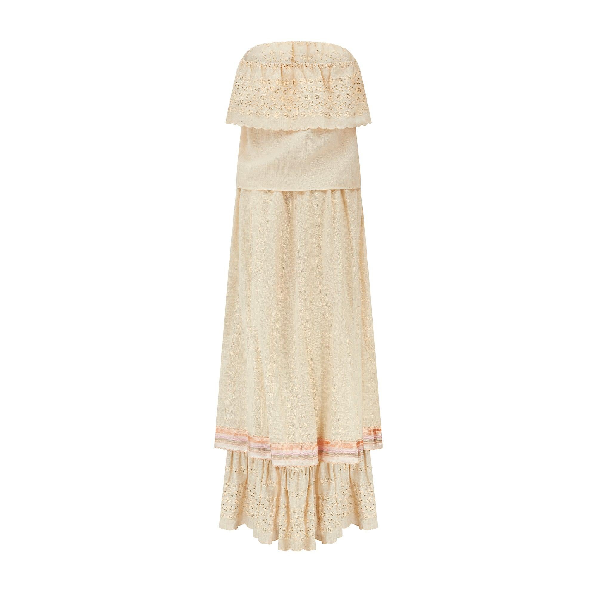 Conjunto Boho Bordado Crema y Cintas Años 70 Beige en venta