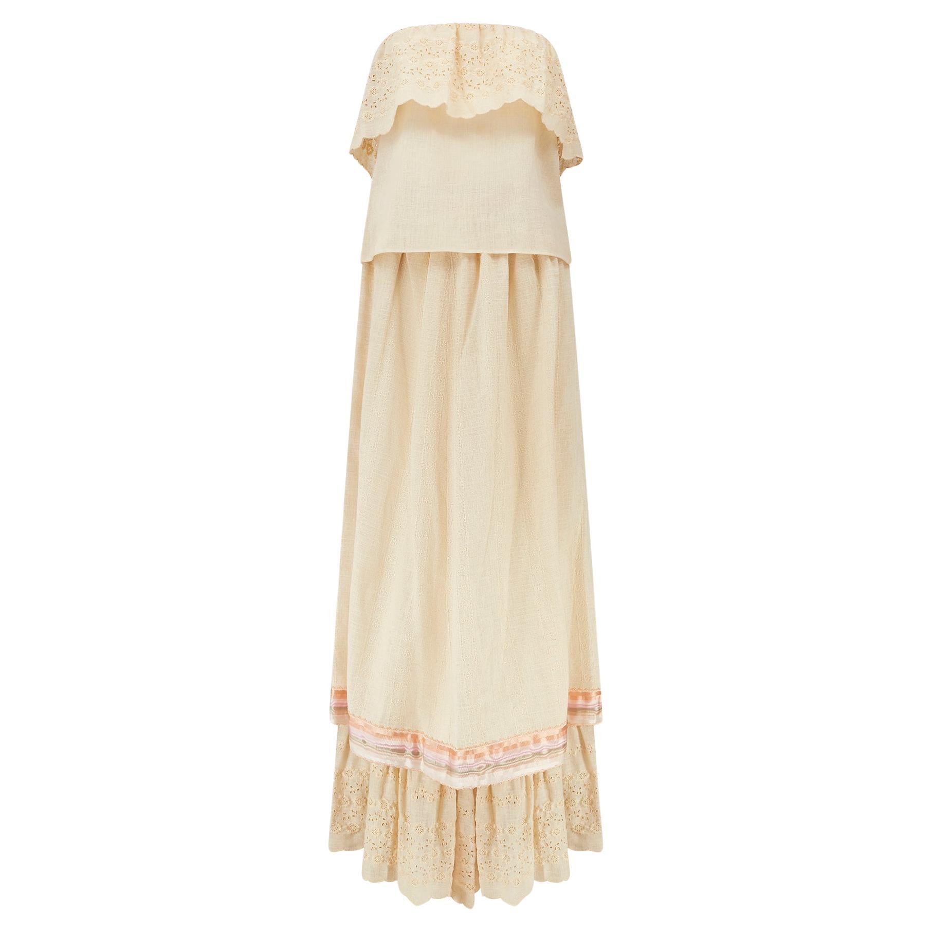 Conjunto Boho Bordado Crema y Cintas Años 70 en venta