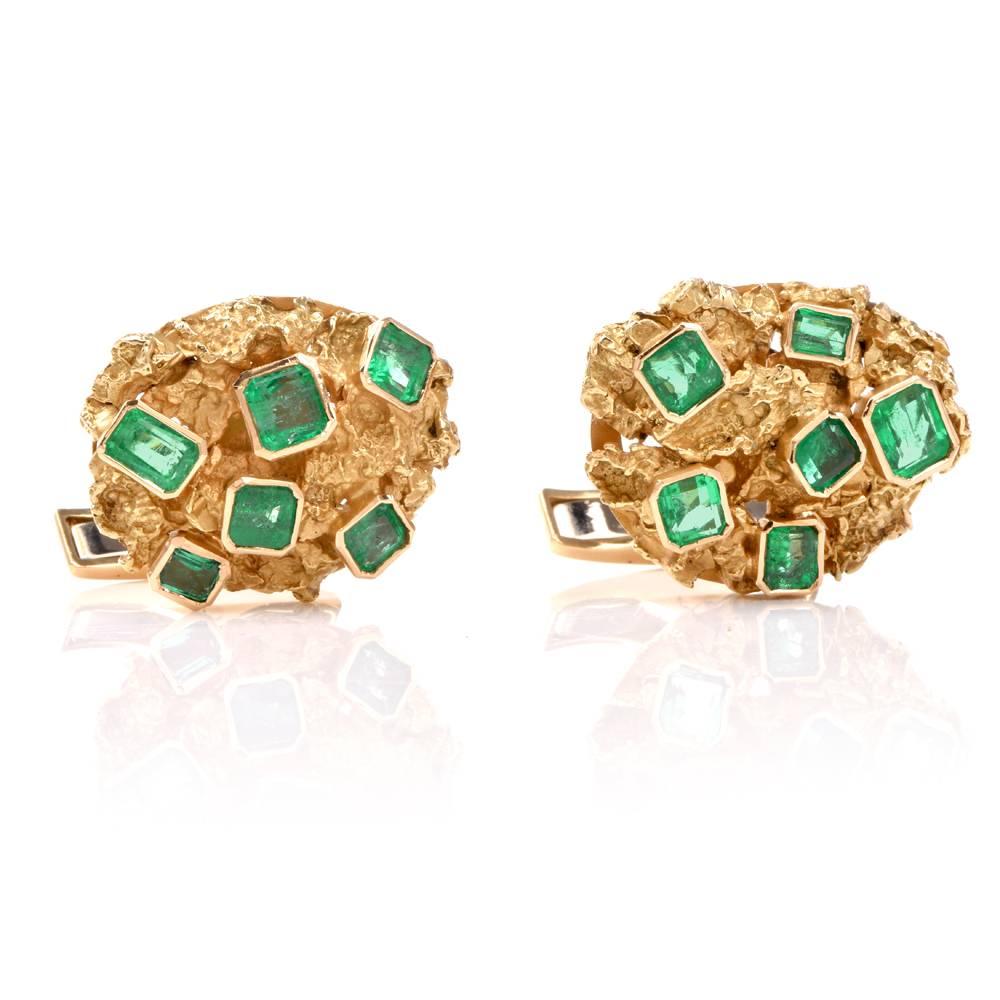 These elegant vintage cuffinks circa 1970's are crafted in solid 18K Yellow Gold and feature a bright nugget texture. 

They are adorned with 12 genuine emerald cut Colombian Emeralds  approx: 5.20 cttw, bezel set, and remain in excellent condition!