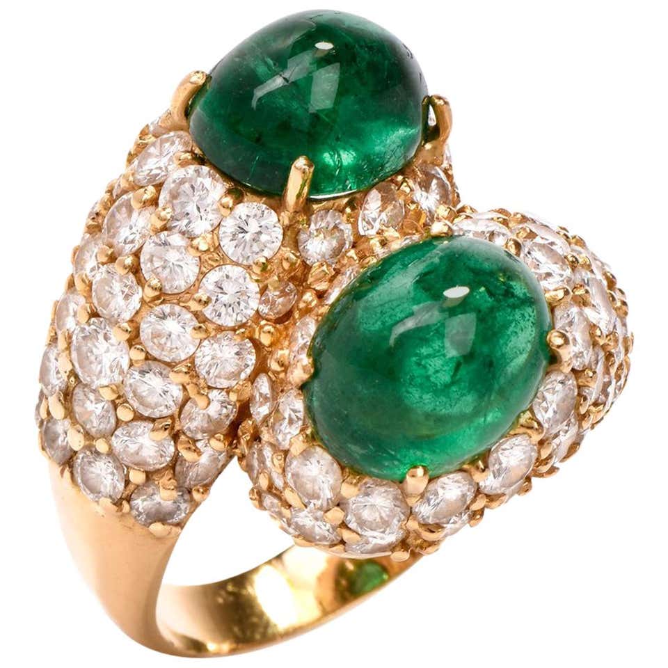 1970s Emerald Cabochon Pave Diamond Bypass Cocktail Ring at 1stDibs