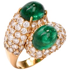 1970s Emerald Cabochon Pave Diamond Bypass Cocktail Ring