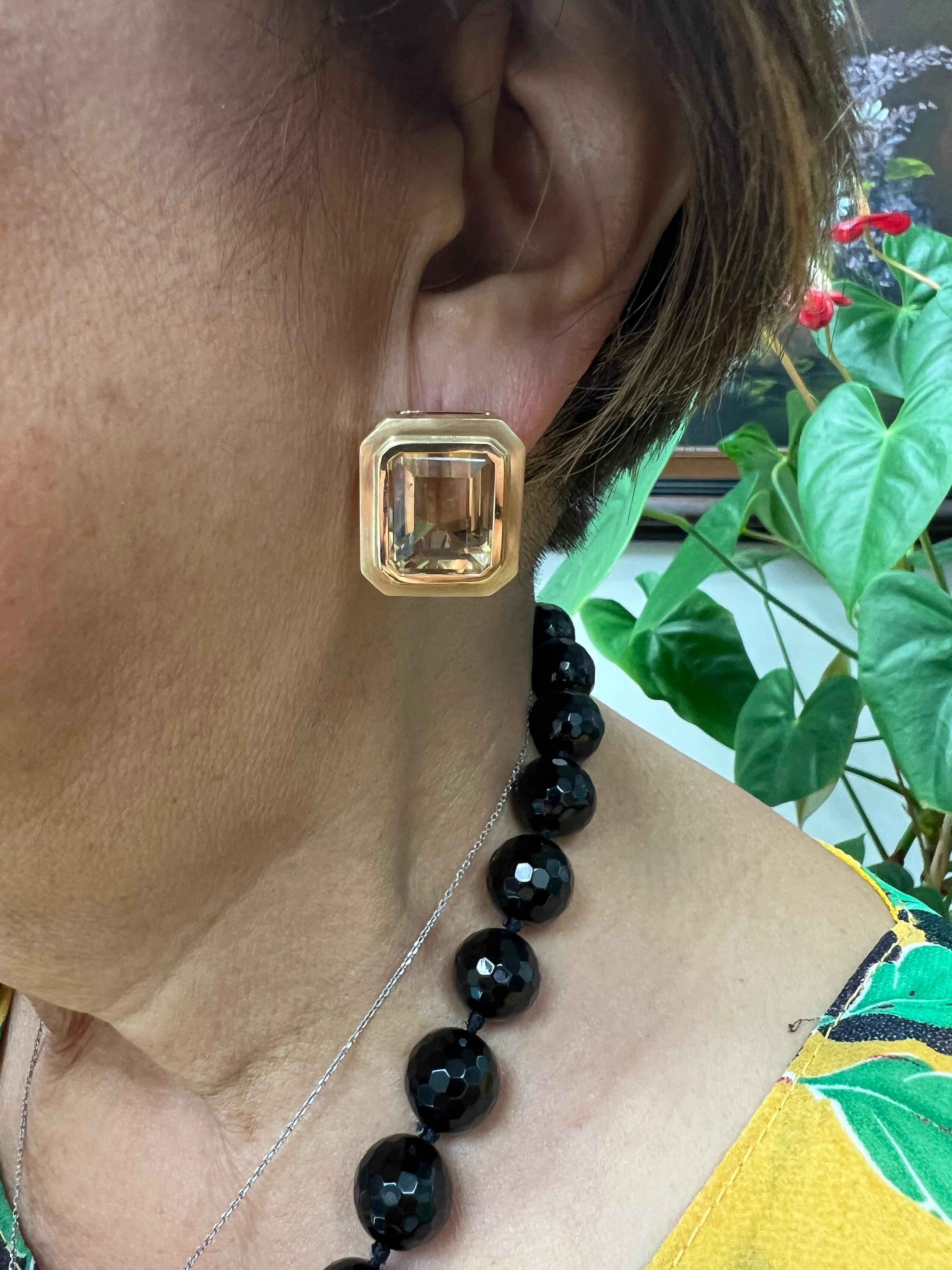 Modernist 1970s Emerald Cut Citrine 14k Yellow Gold Clip And Post Earrings For Sale