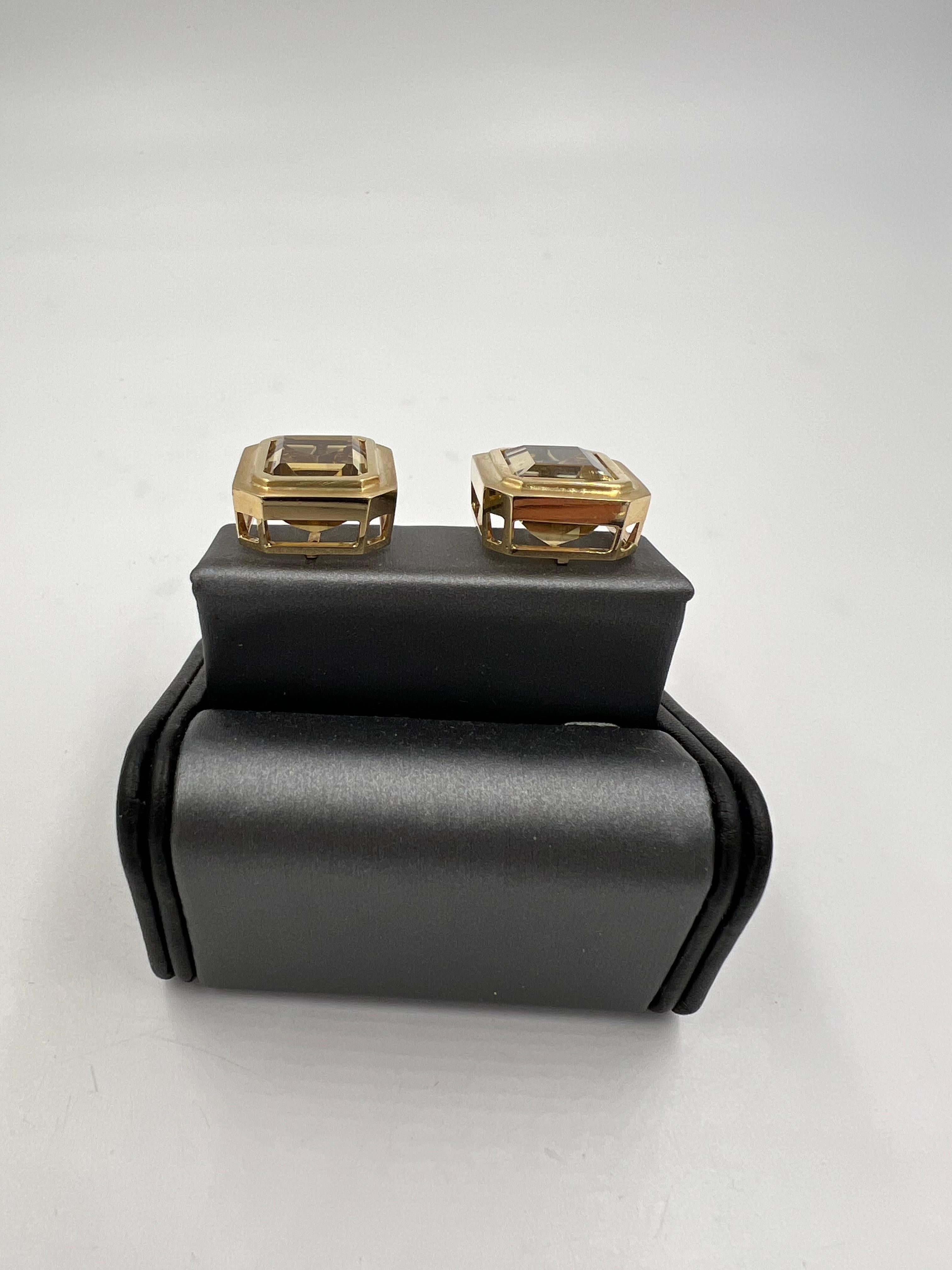 Women's or Men's 1970s Emerald Cut Citrine 14k Yellow Gold Clip And Post Earrings For Sale