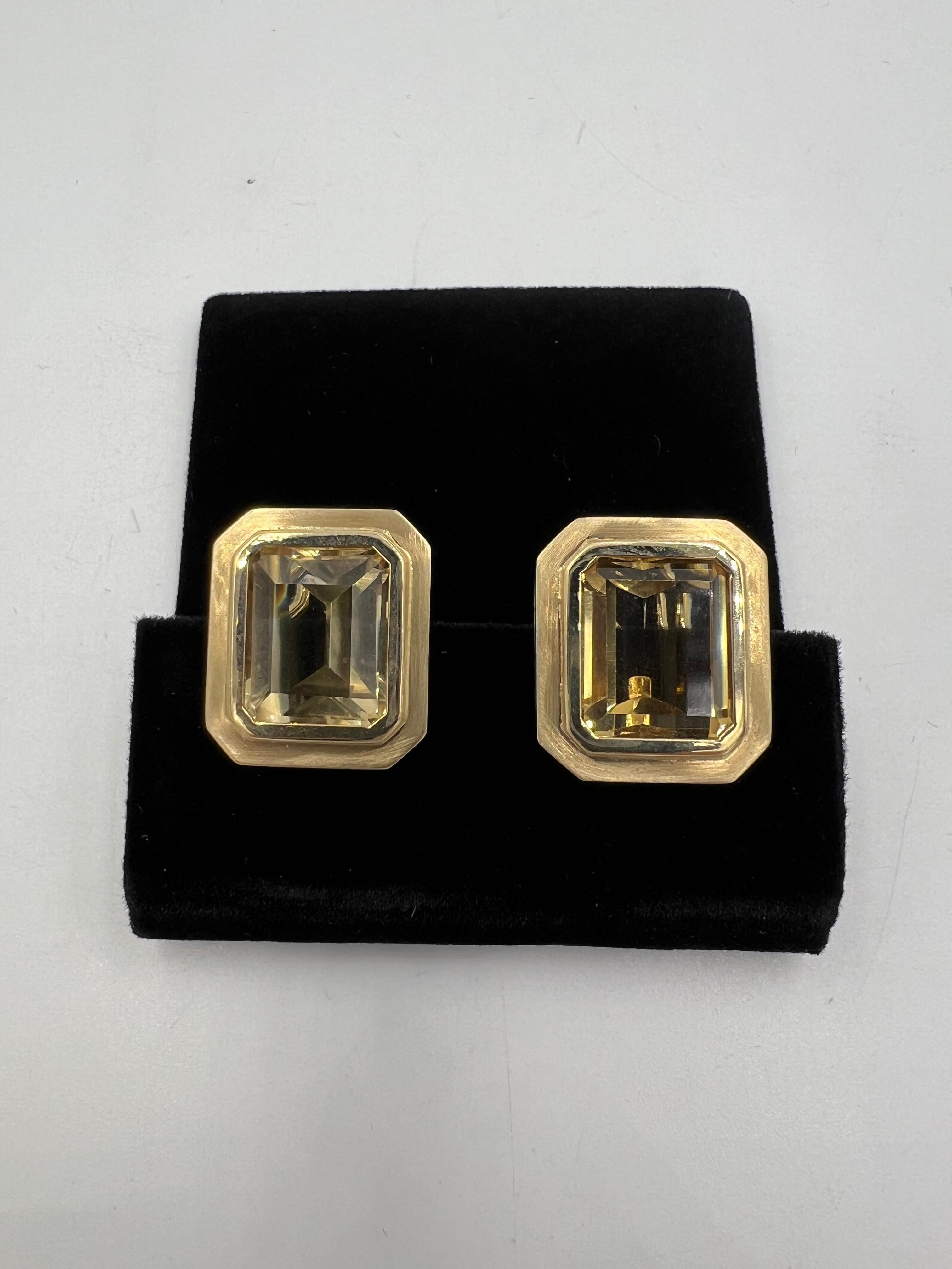 1970s Emerald Cut Citrine 14k Yellow Gold Clip And Post Earrings For Sale 2