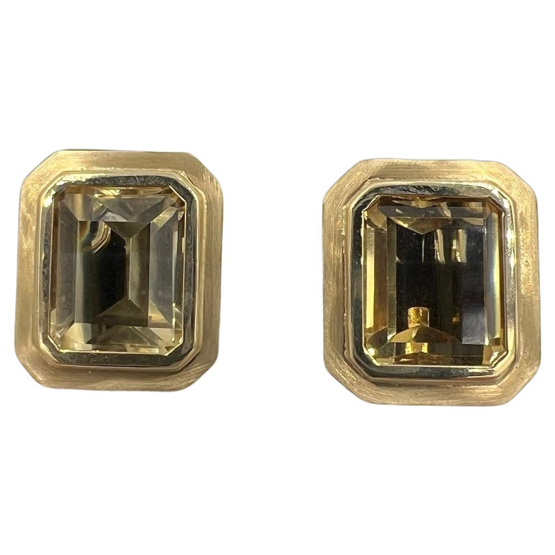1970s Emerald Cut Citrine 14k Yellow Gold Clip And Post Earrings