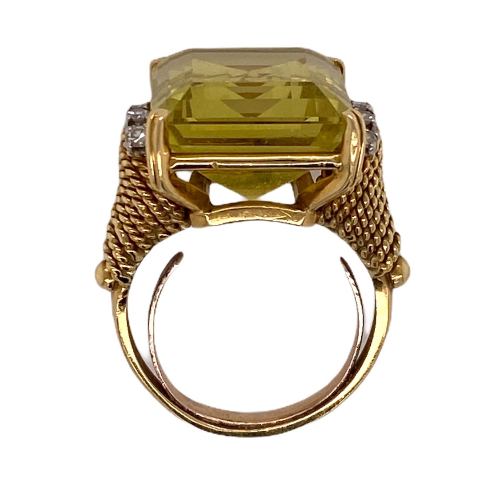 Women's 1970s Emerald Cut Lemon Citrine Diamond 18 Karat Yellow Gold Cocktail Ring