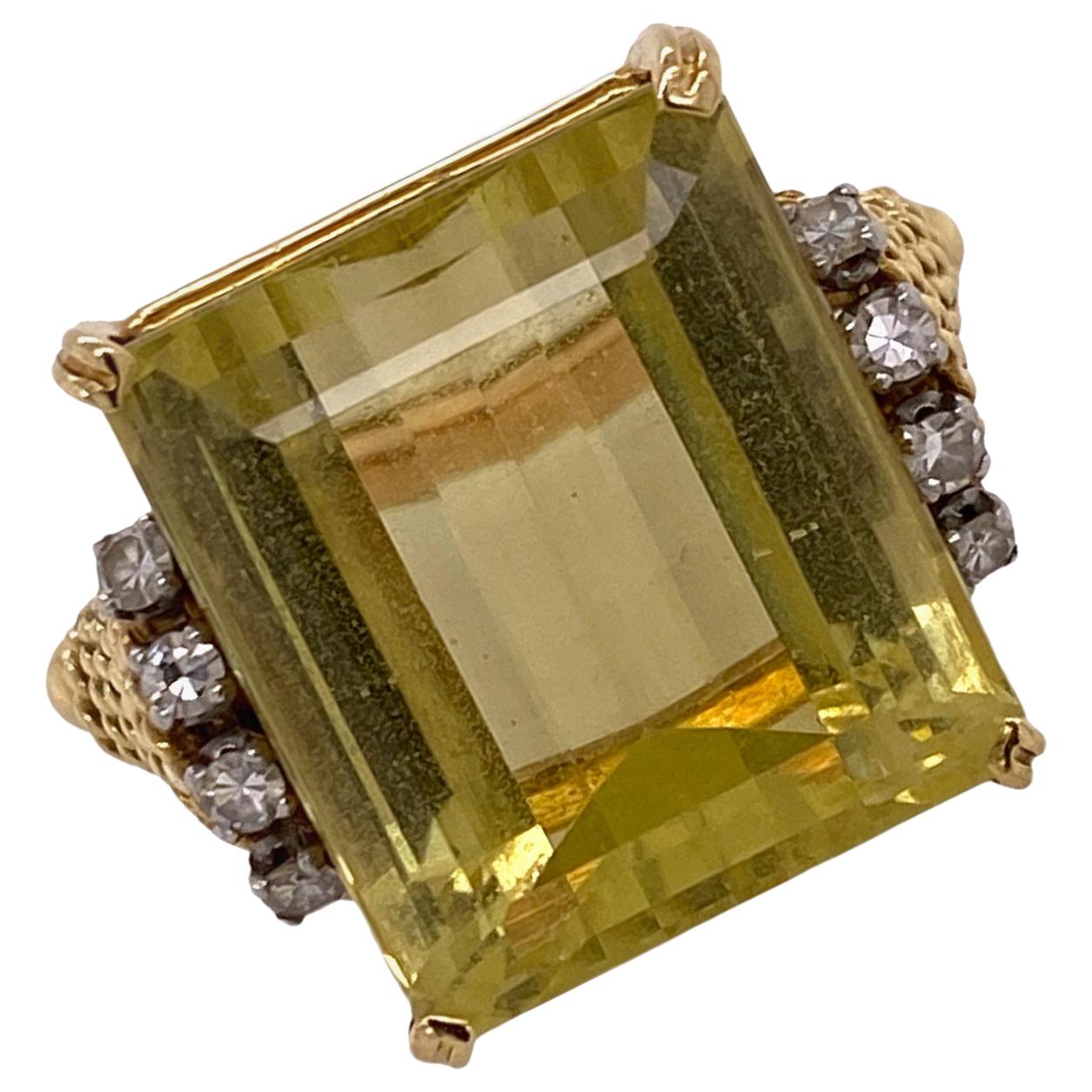1970s Emerald Cut Lemon Citrine Diamond 18 Karat Yellow Gold Cocktail Ring