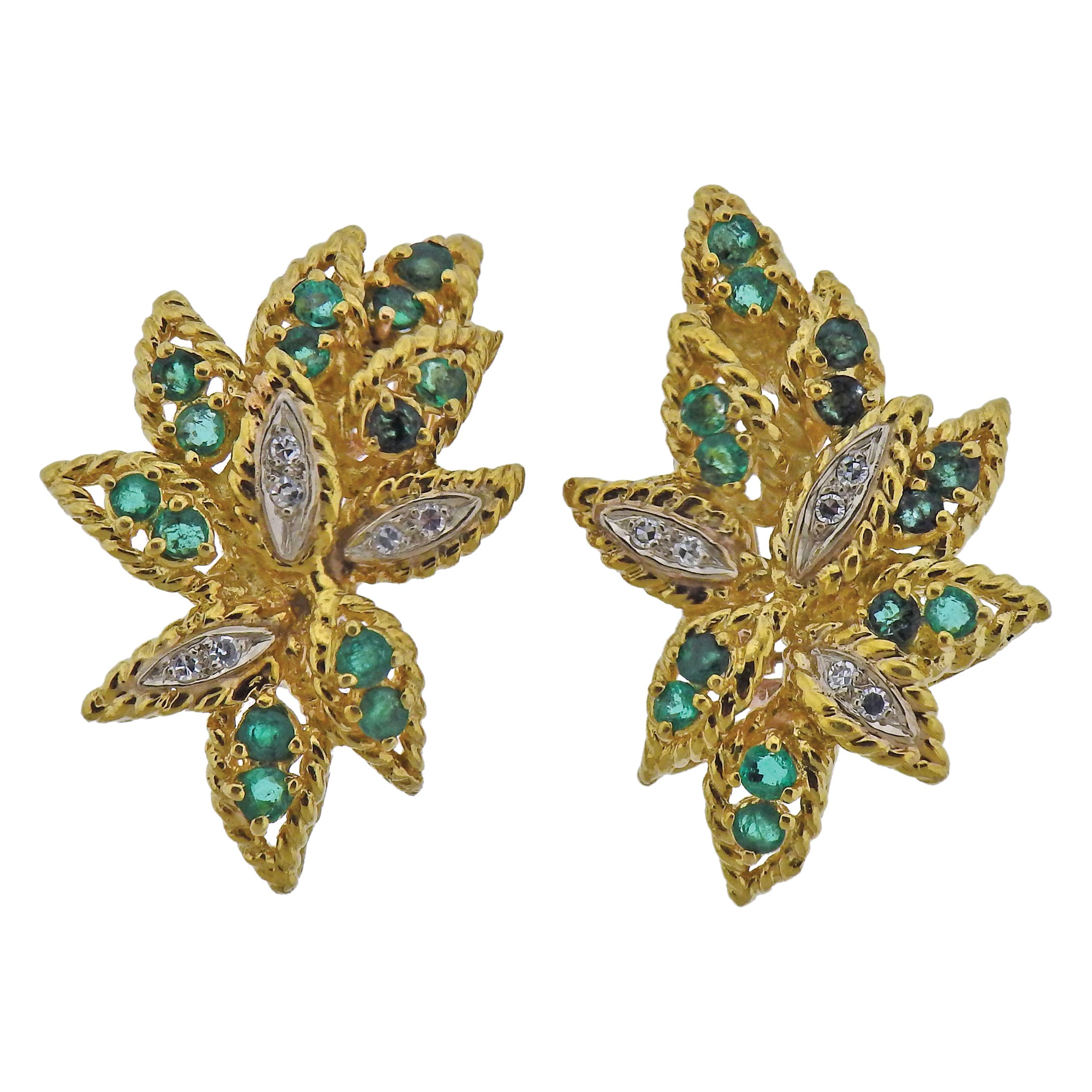 1970s Emerald Diamond Gold Earrings For Sale