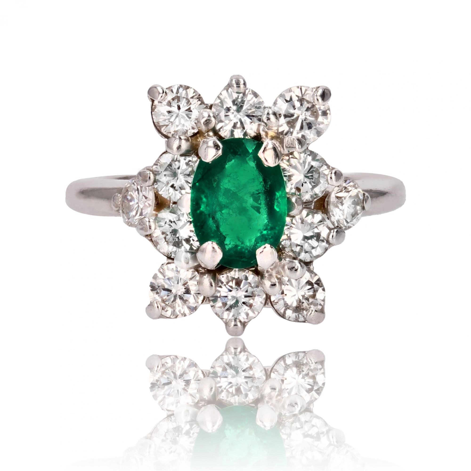 1970s Emerald Diamonds 18 Karat White Gold Daisy Ring For Sale