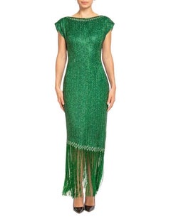 1970S Emerald Green Silk Organza Pavé Beaded Cocktail Dress With Fringe