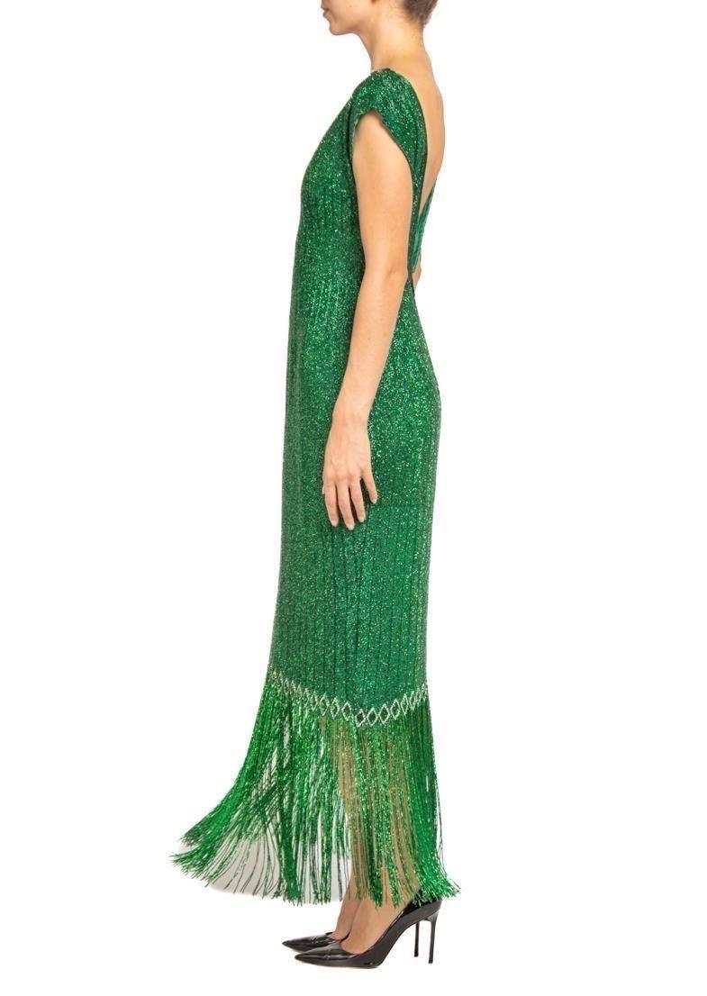 1970S Emerald Green Silk Organza Pavé Beaded Cocktail Dress With Fringe In Excellent Condition For Sale In New York, NY