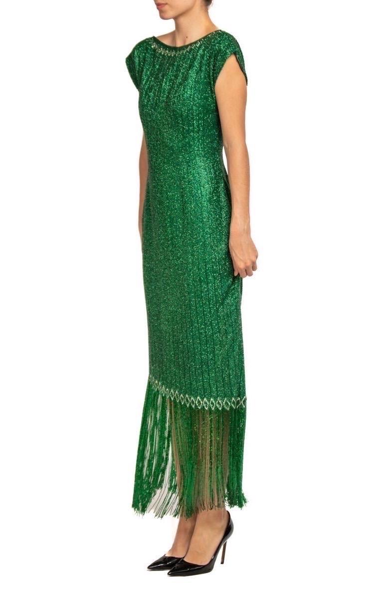 1970S Emerald Green Silk Organza Pavé Beaded Cocktail Dress With Fringe For Sale 1