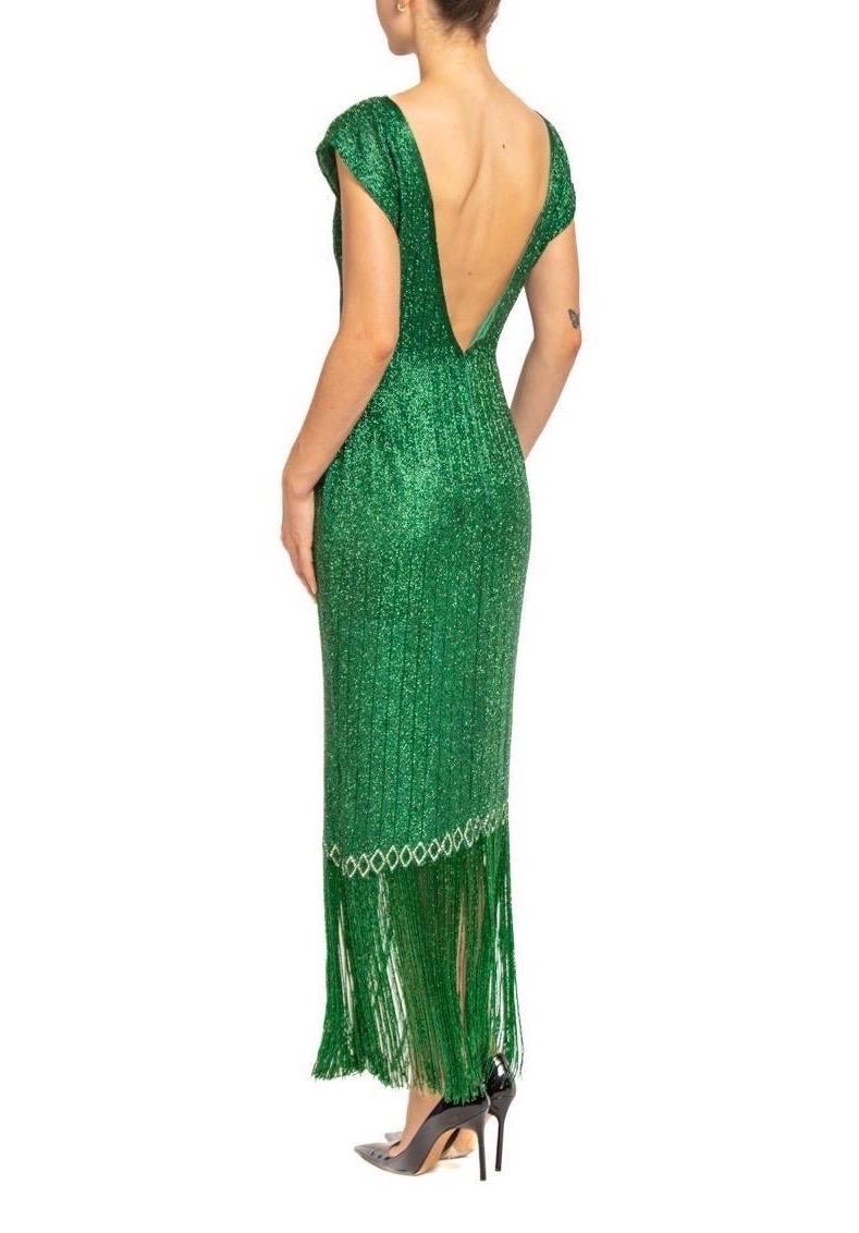 1970S Emerald Green Silk Organza Pavé Beaded Cocktail Dress With Fringe For Sale 2