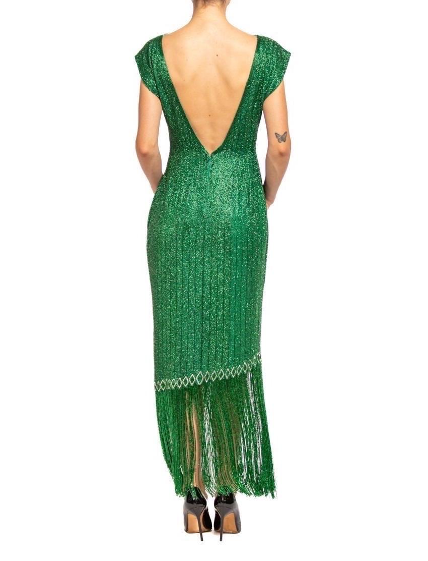1970S Emerald Green Silk Organza Pavé Beaded Cocktail Dress With Fringe For Sale 3