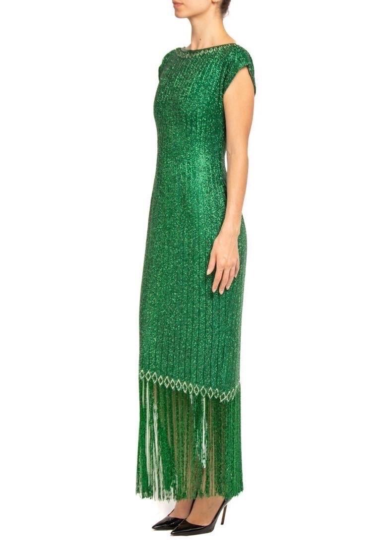 1970S Emerald Green Silk Organza Pavé Beaded Cocktail Dress With Fringe For Sale 4