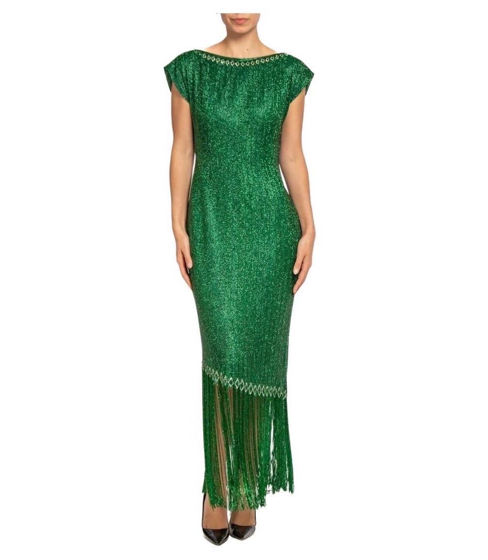1970S Emerald Green Silk Organza Pavé Beaded Cocktail Dress With Fringe For Sale