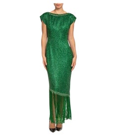 Vintage 1970S Emerald Green Silk Organza Pavé Beaded Cocktail Dress With Fringe