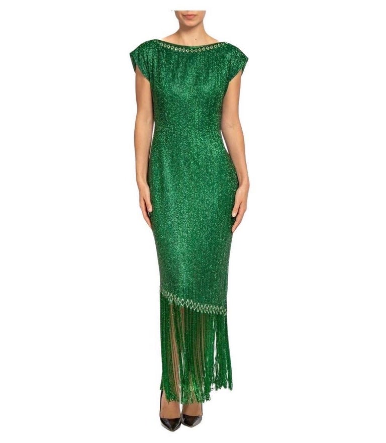1970s Emerald Green Silk Organza Pav Beaded Cocktail Dress With Fringe 1970s Emerald Green Silk Organza Pav Beaded Cocktail Dress With Fringe