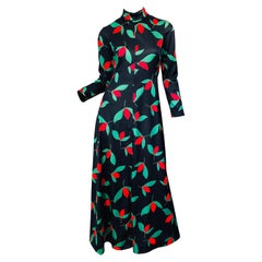 1970s Emilio Borghese Tulip Print Black + Green + Red Vintage 70s Maxi Dress