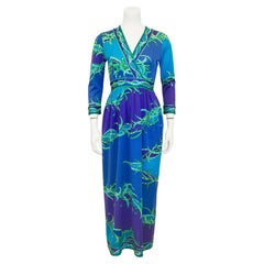Emilio Pucci Blaues, lila-grünes Maxikleid aus den 1970er Jahren