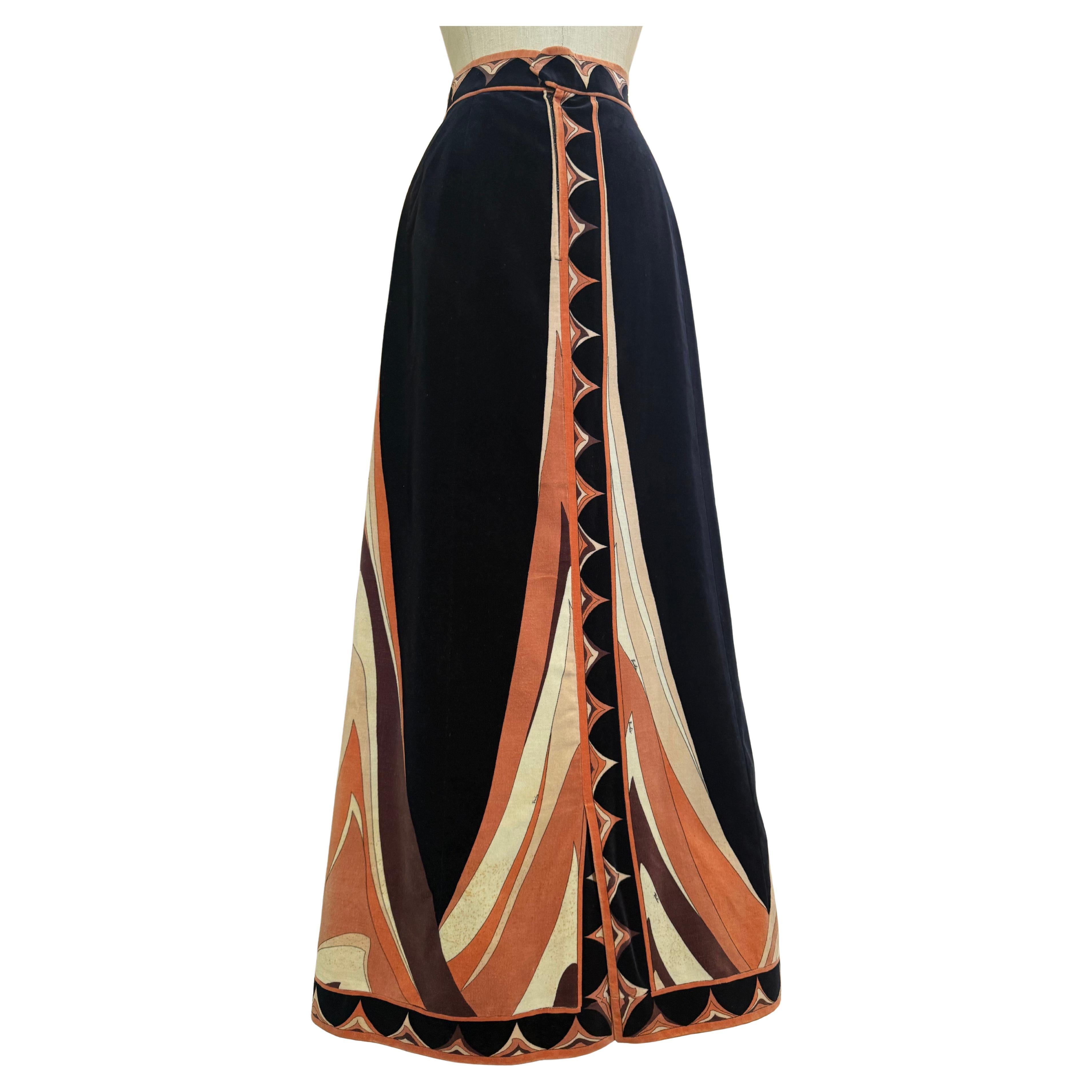 1970s Emilio Pucci Cotton Velvet Maxi Skirt in Sienna Tan & Black Iconic Print