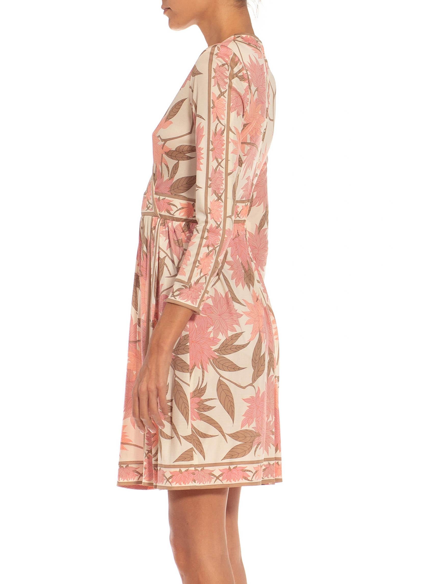 Beige 1970S EMILIO PUCCI Cream, Brown & Pink Floral Silk Rayon Blend Signed Dress For Sale