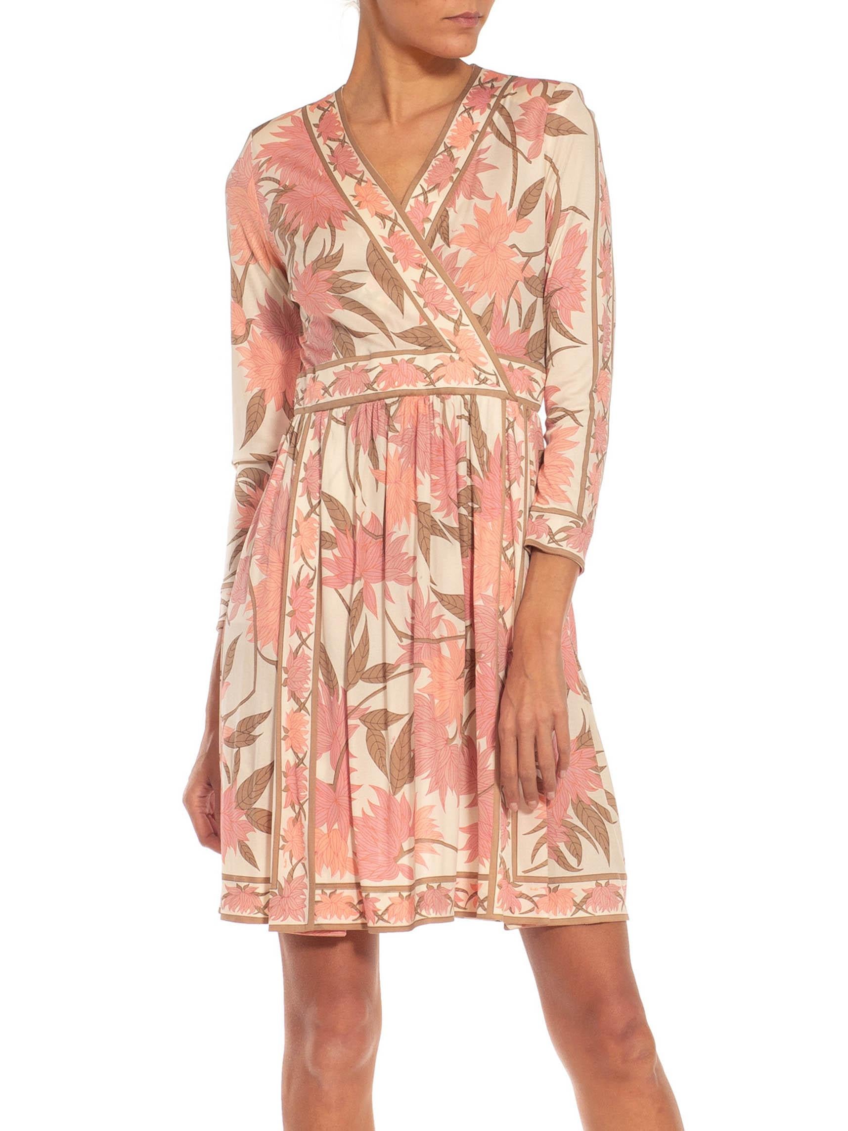 Women's 1970S EMILIO PUCCI Cream, Brown & Pink Floral Silk Rayon Blend Signed Dress For Sale