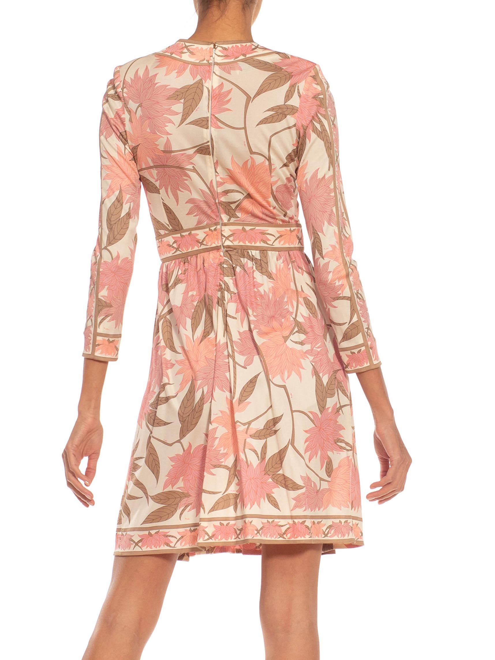 1970S EMILIO PUCCI Cream, Brown & Pink Floral Silk Rayon Blend Signed Dress For Sale 1