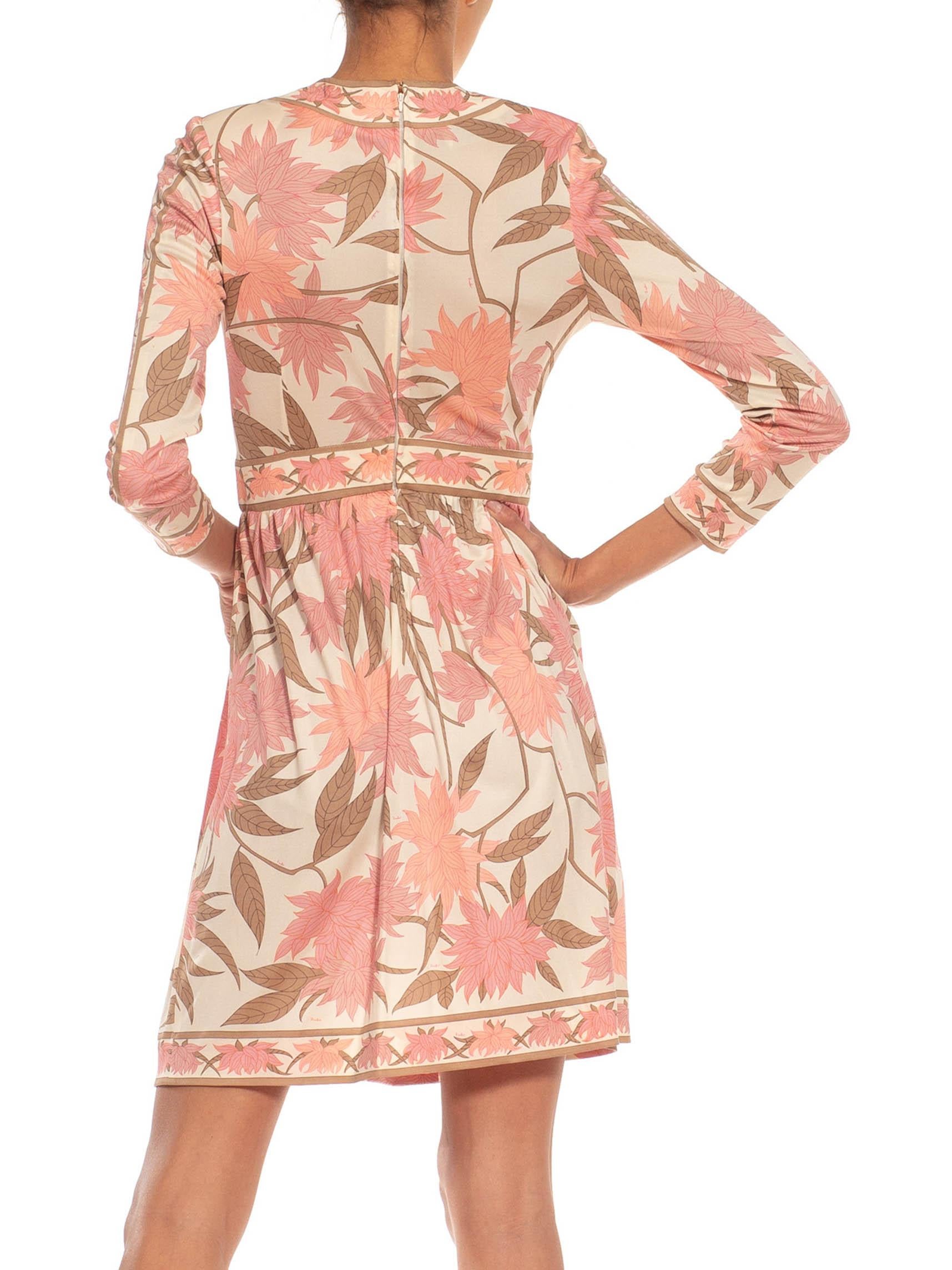 1970S EMILIO PUCCI Cream, Brown & Pink Floral Silk Rayon Blend Signed Dress For Sale 2