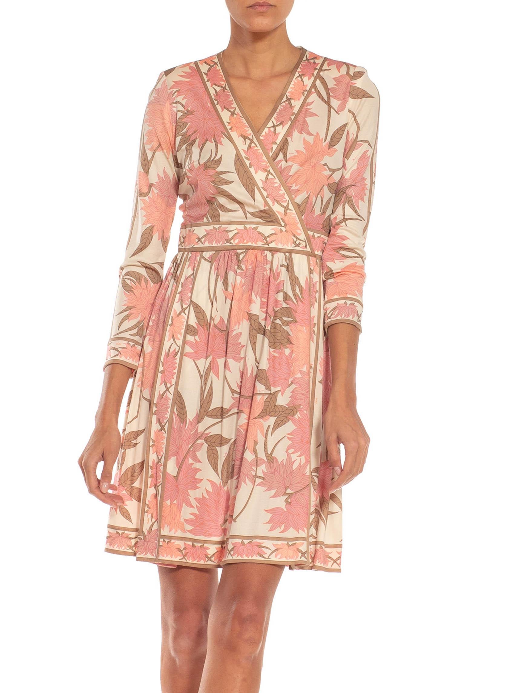 1970S EMILIO PUCCI Cream, Brown & Pink Floral Silk Rayon Blend Signed Dress For Sale 3