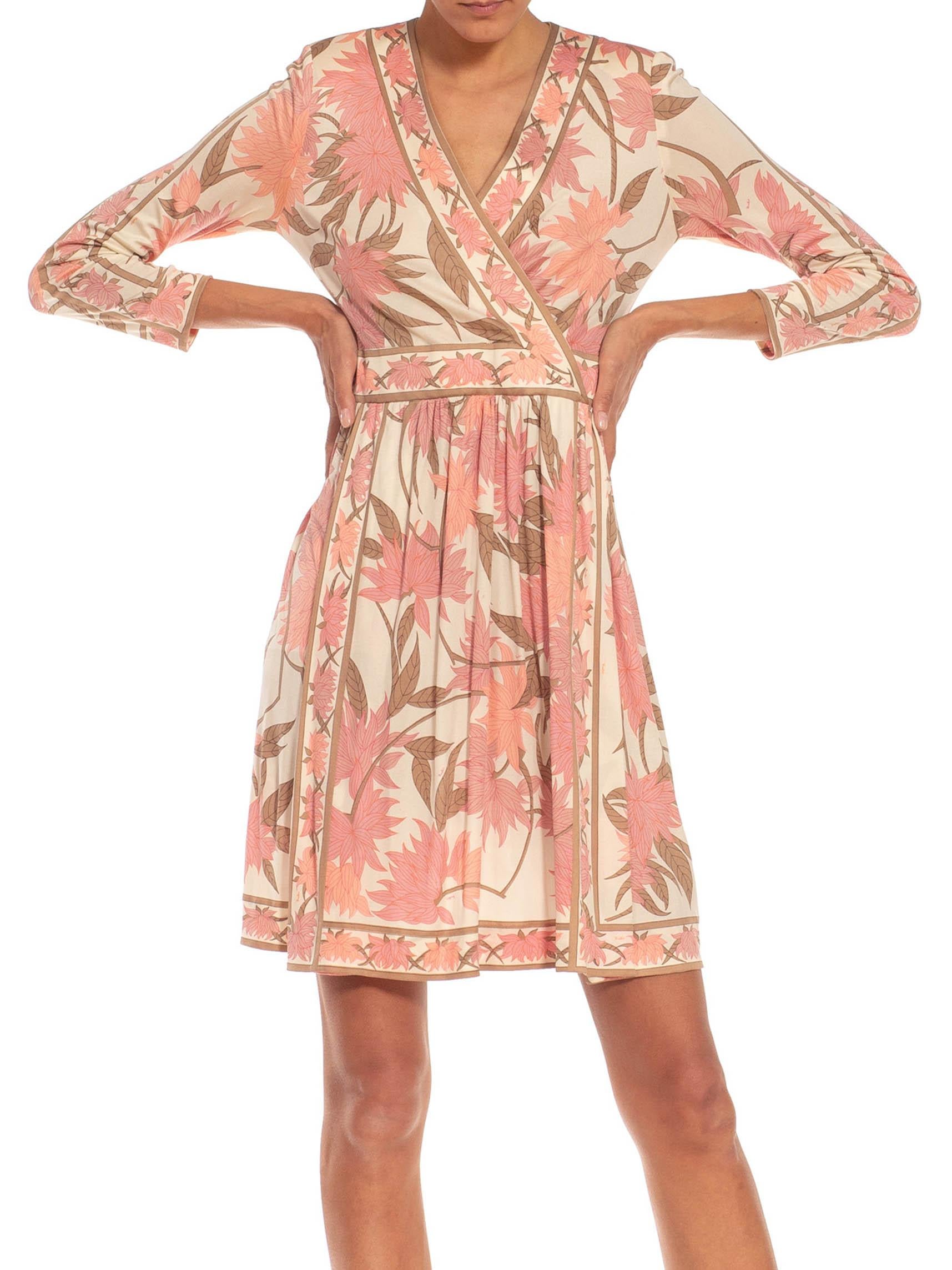 1970S EMILIO PUCCI Cream, Brown & Pink Floral Silk Rayon Blend Signed Dress For Sale 5
