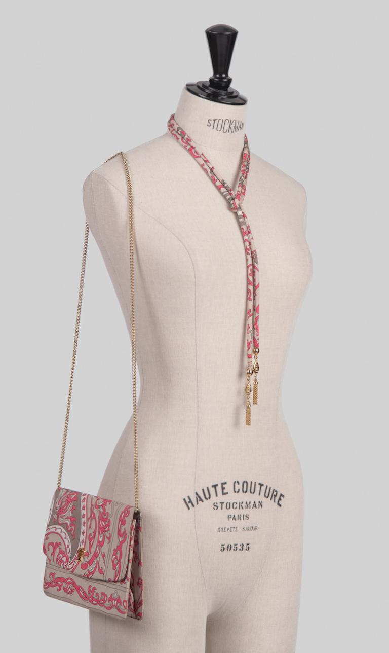 Brown 1970s EMILIO PUCCI Floral Print Pink & Taupe Clutch or Shoulder Bag & Belt Set