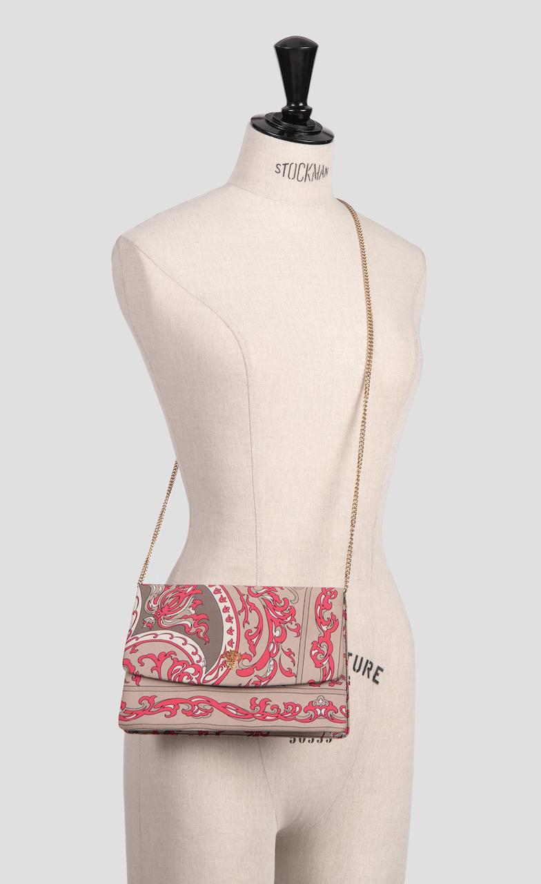 1970s EMILIO PUCCI Floral Print Pink & Taupe Clutch or Shoulder Bag & Belt Set In Excellent Condition In Munich, DE