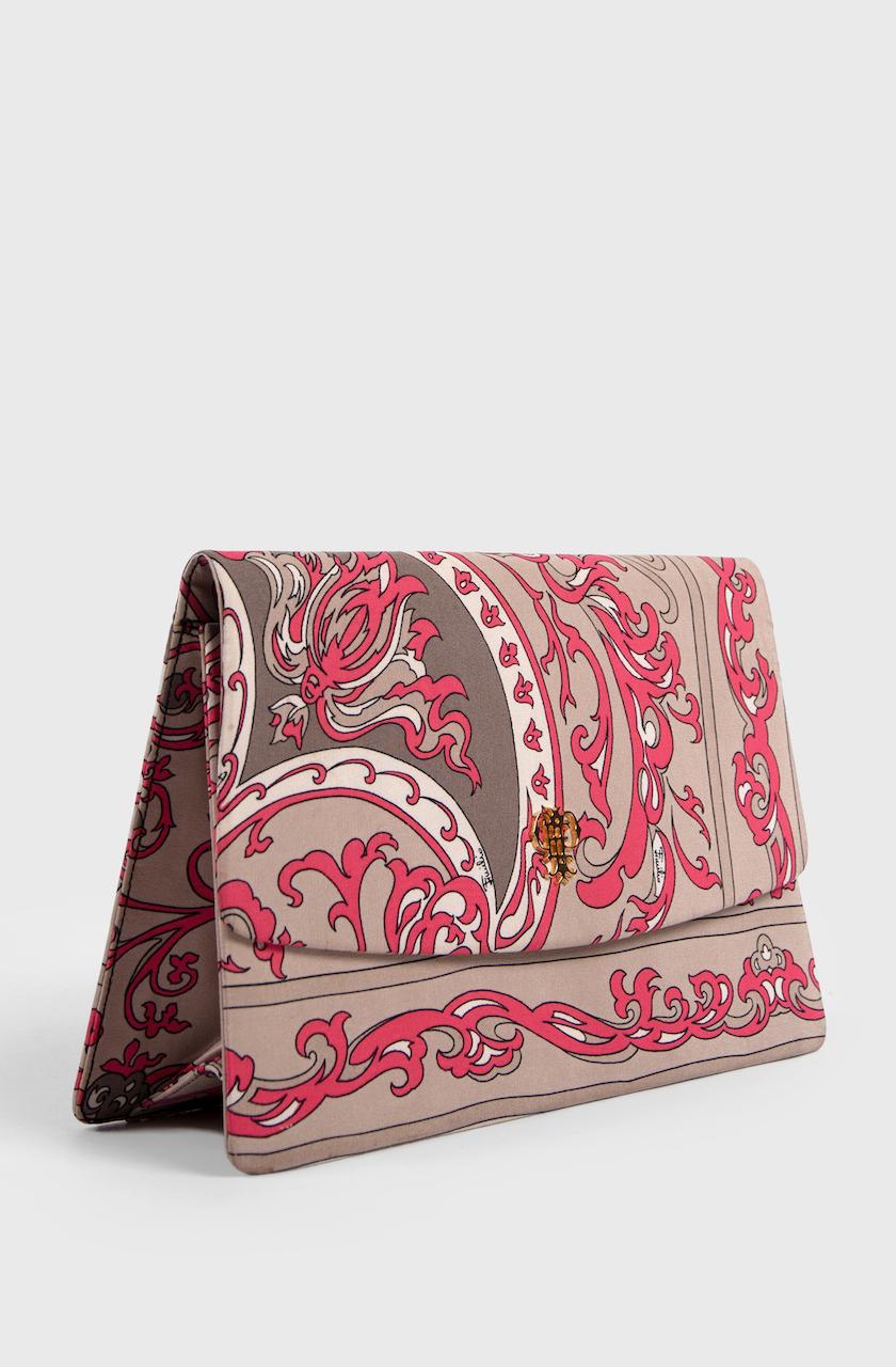 Women's 1970s EMILIO PUCCI Floral Print Pink & Taupe Clutch or Shoulder Bag & Belt Set