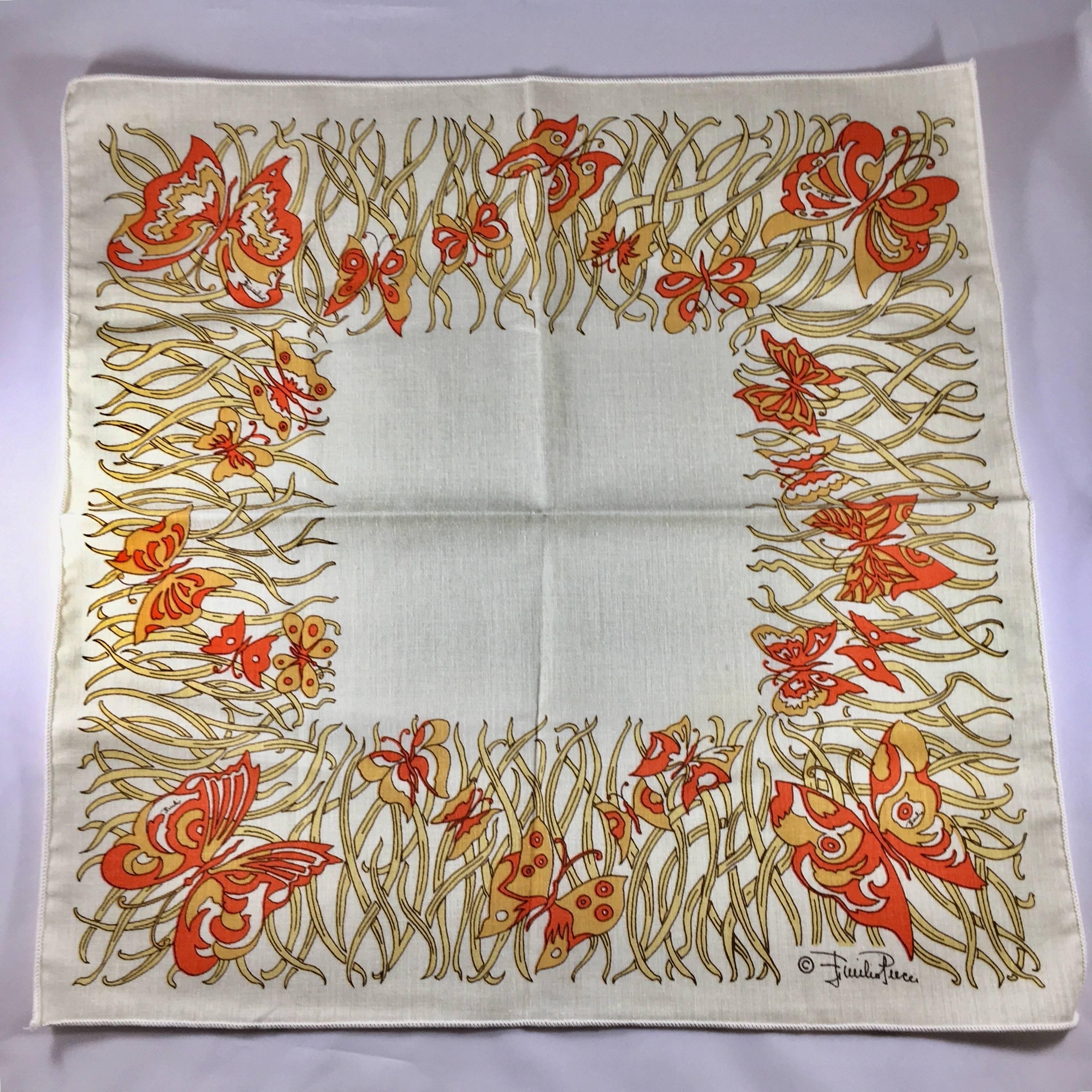 Beige 1970s Emilio Pucci Orange and Yellow Butterfly Napkins