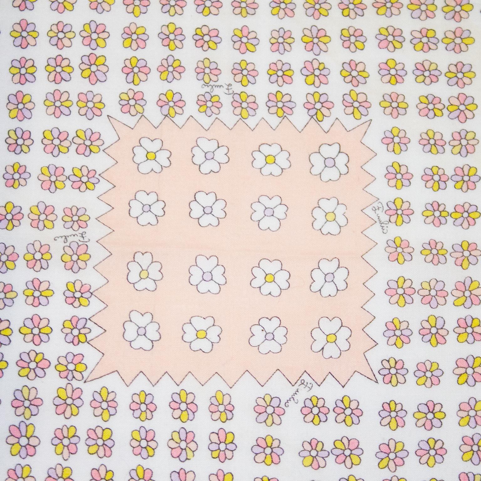 Beige 1970s Emilio Pucci Pastel Flower Print Cotton Scarf 